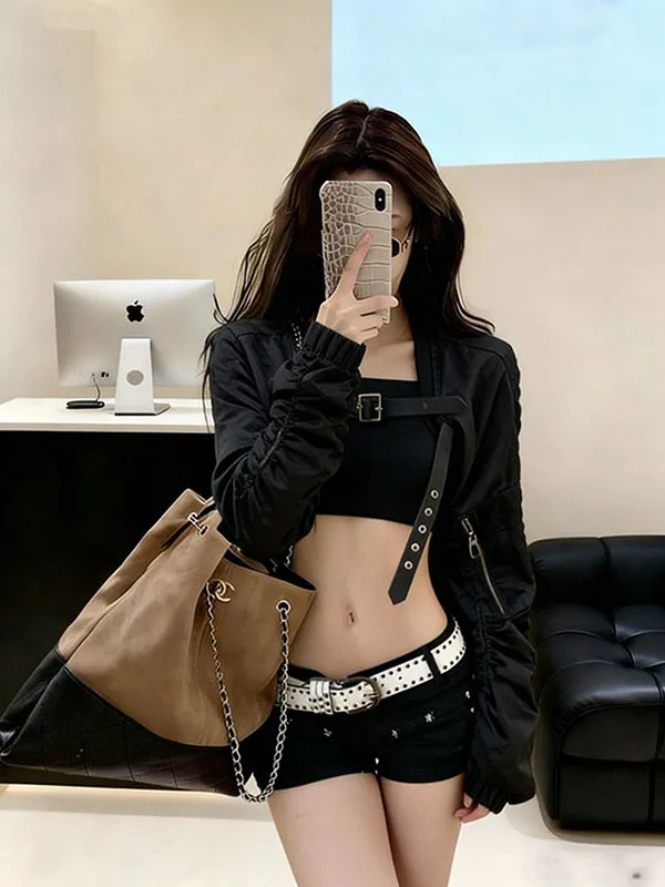 

Cool American Sweet Sle Women's Motorcycle Design Jaet ort Svel Belt Bule Bla Summer Faion Outerwear Coat