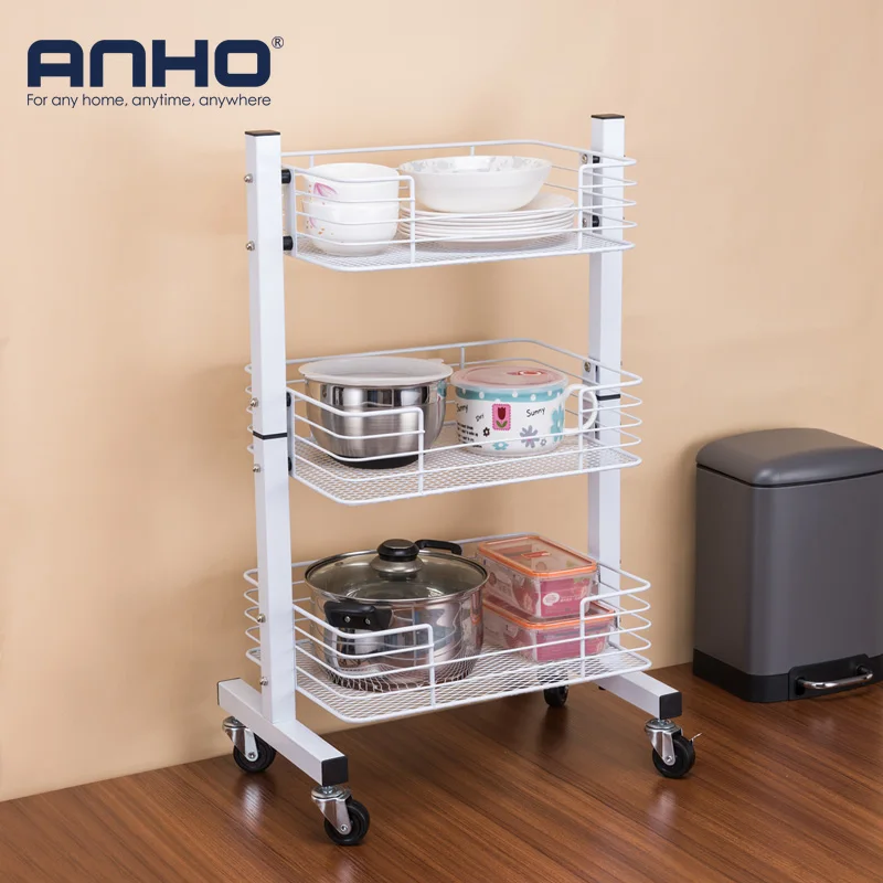 Multifunction 3-Tier Metal Utility Rack Rolling Kitchen & Bathroom Storage Cart with Wheels Kitchen Organizer Cart