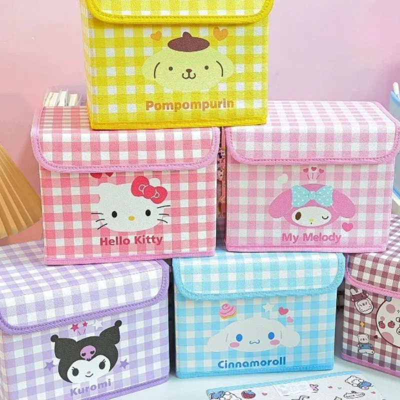 Anime Sanrio MINISO 데스크탑 플립 탑 보관 상자 HelloKitty 만화 문구 화장품 접이식 가정용 잡화 보관 상자