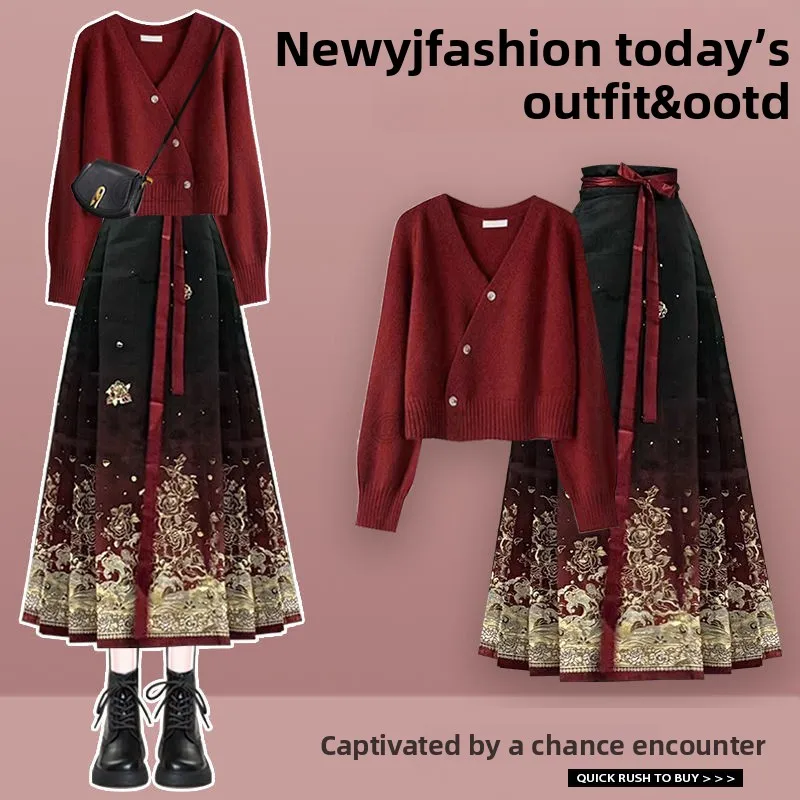 

Мягкий вязаный свитер и юбка-ханьфу для женщин, весенний новый дизайн, с принтом, с завышенной талией, силуэт А-силуэт, традиционная культура...