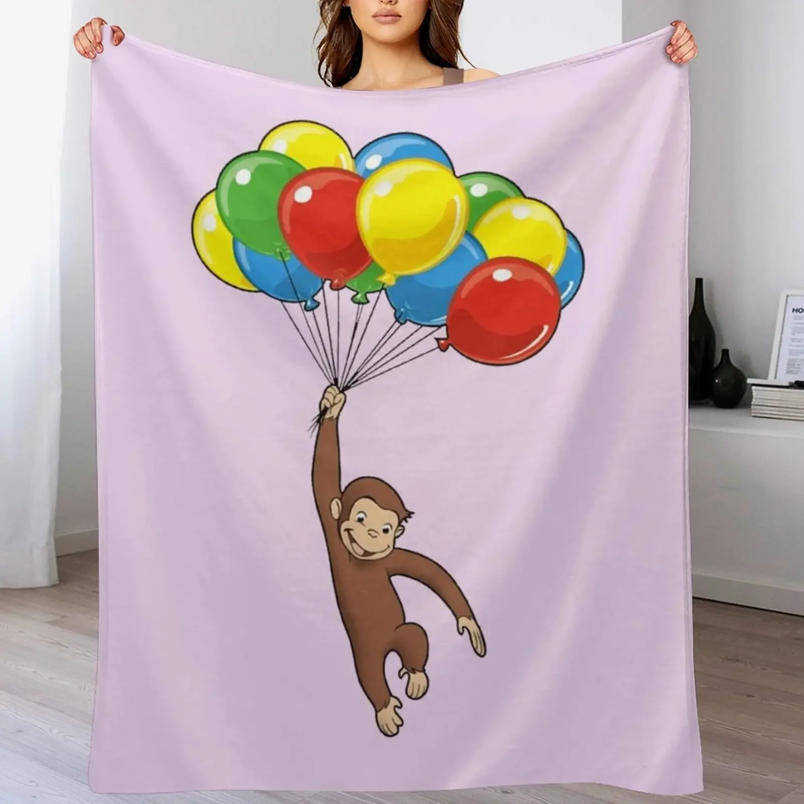 

Curious George with balloons Throw Blanket Reusable Durable Soft Blanket for All Seasons