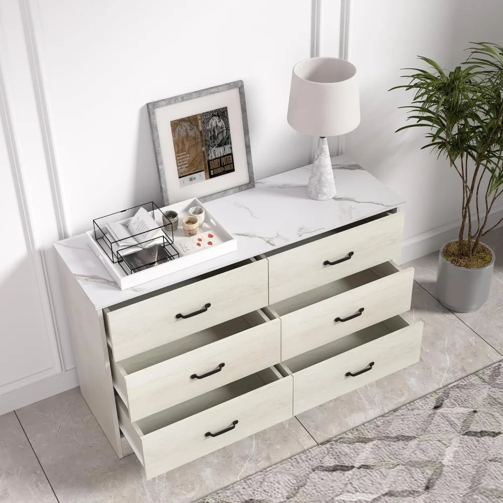 خزانة غرفة نوم مزدوجة ذات 6 أدراج بيضاء مغسولة مع مساحة تخزين وحامل تلفزيون #3