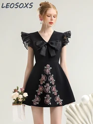 Designer Model Elegant Romantic Black Dress Women's Niche Summer New Sequins Embroidery Ruffled Flying Sleeves Pettiskirt Lady