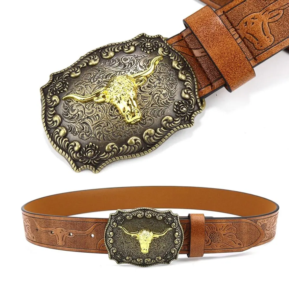 Mens Western Cowboy Belt PU Leather Waist Belt Bull Pattern Vintage Wide Buckle Belt Waistband