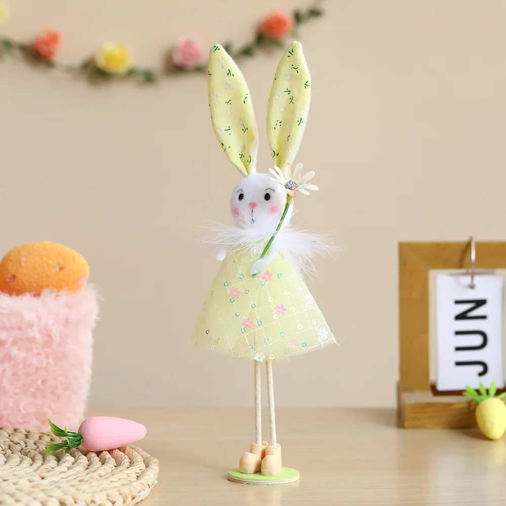 Décoration de lapin de Pâques pour enfants, jupe en fil de fleur, poupées de lapin debout, ornement de Joyeuses Pâques, décoration d'intérieur, cadeaux de printemps, blanc, vert, rose