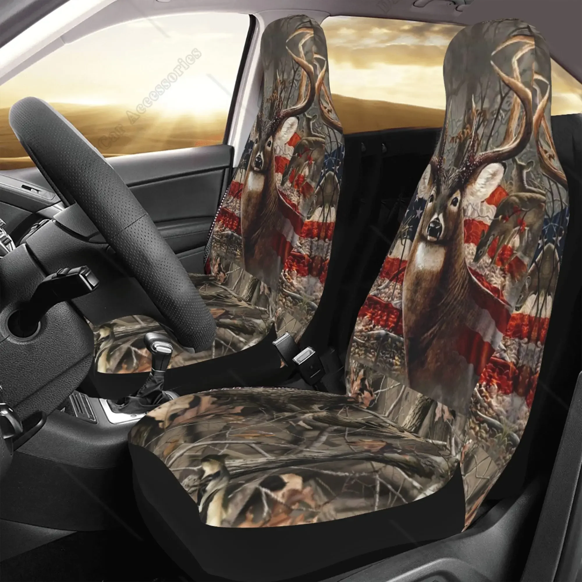 2 Pieces Seat Covers for Car Seat Cushions Elastic Front Seats Protector Full Set Forest Animal Deer Printed Bucket Seat Cover