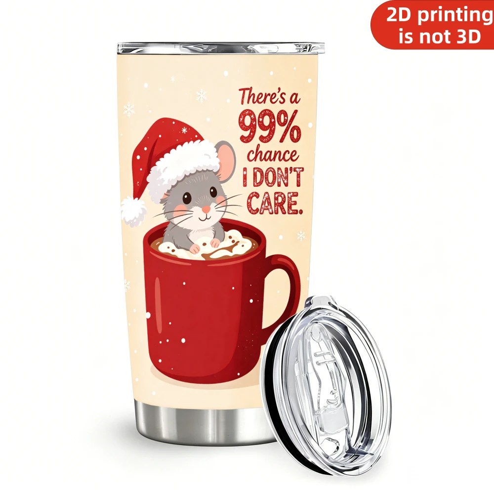 20oz Christmas Mouse Santa Hat Printed Stainless Steel Tumbler with Lid and Straw, There's a 99% Chance I Don't Care Hot Cocoa Winter Holiday Vacuum Insulated Travel Coffee Mug Gifts