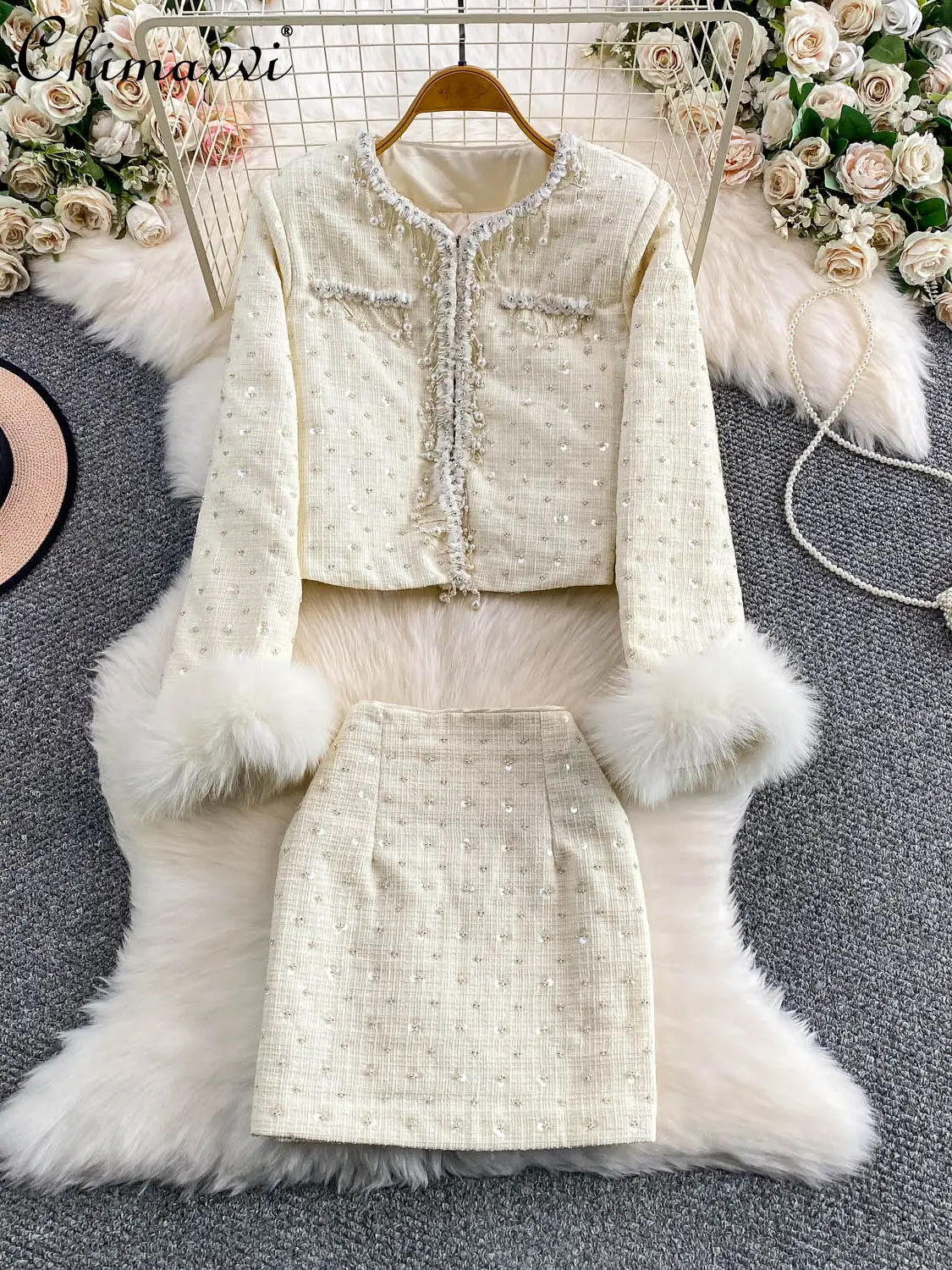French Style Elegant Heavy Industry Beading Plush Long Sleeve Short Jacket High Waist Sequin Tweed Skirt Two-Piece Set for Women