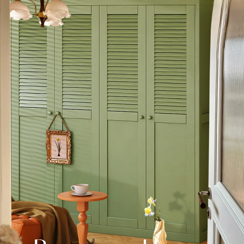 

*Cream style French style wardrobe, bedroom, home retro American style solid wood wardrobe, four door open storage cabinet