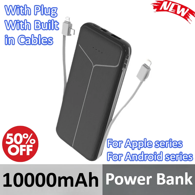 

Power Bank 10000mAh With Plug With Built in Cables Portable Charger External Battery Pack For IPhone For Samsung For Xiaomi