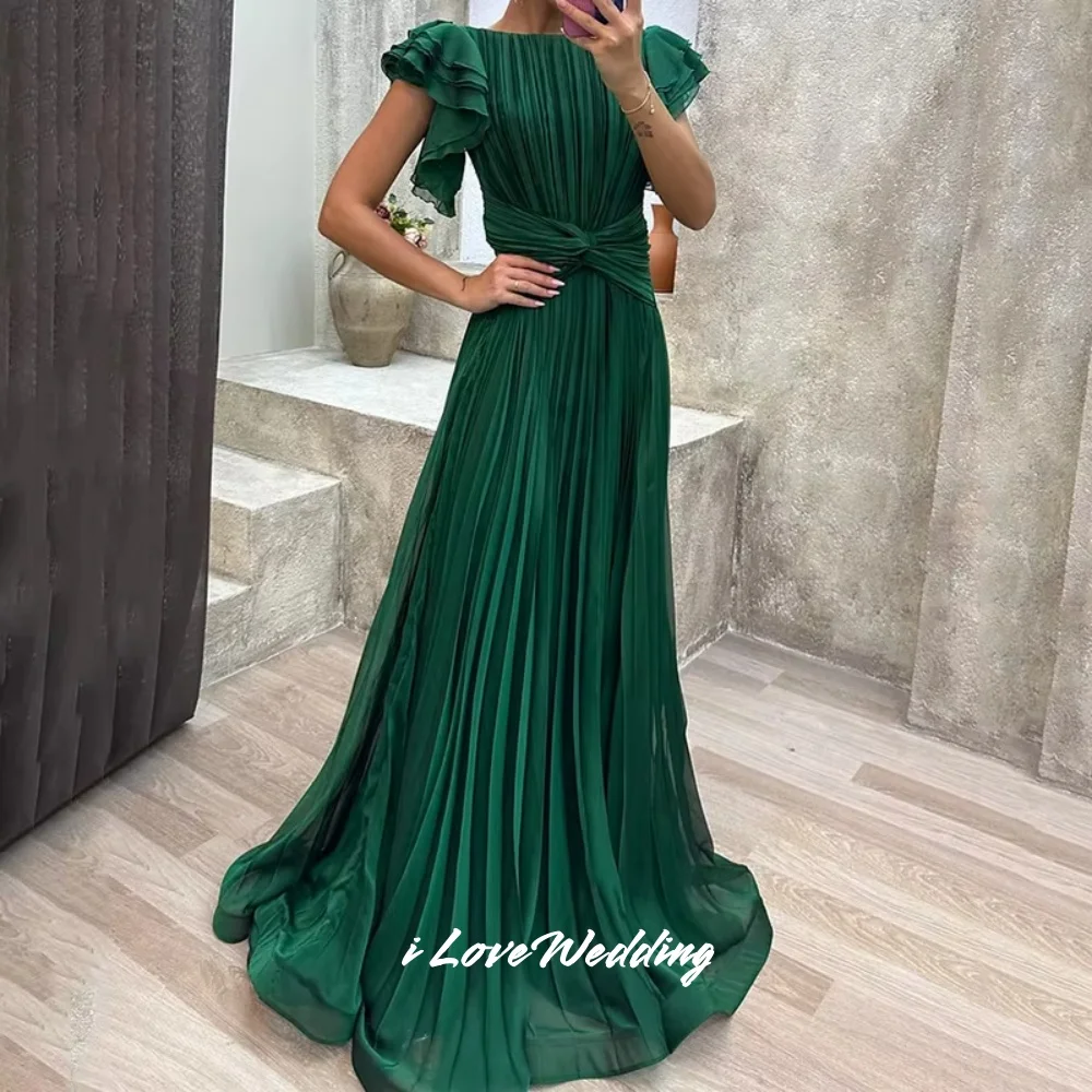 Rose Pink O-Neck Evening Dresses 2025 Cap Sleeves Ruffles A Line Floor-Length Pleated Prom Dress Wedding Party Dress Customized