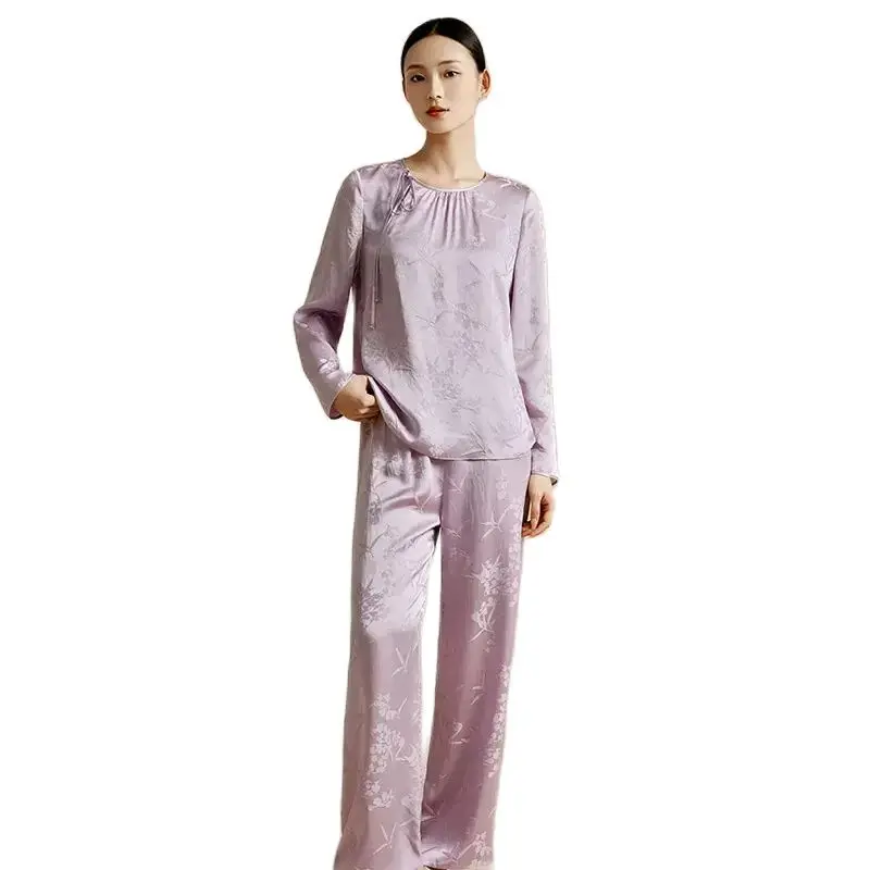 BirdTree, 6A 100%Mulberry Silk Pajamas Set, Women Long Sleeve Top Pants, Jacquard Soft Sleep Home Clothes, Summer Fall S48309QC