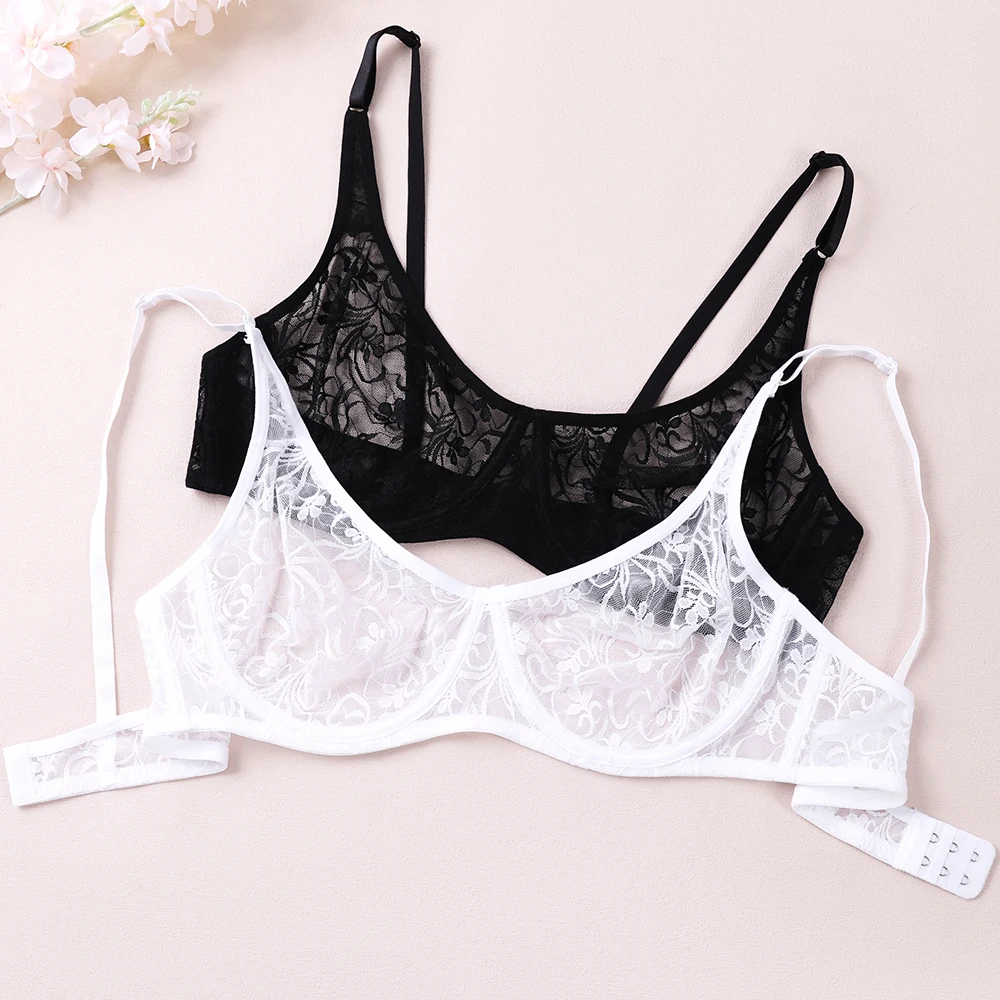 

Womens Lace Bras Underwire BH Hollow Out Embroidery Perspective Sexy Lingerie Underwear Tops Plus Size Brassiere A B C D Cup
