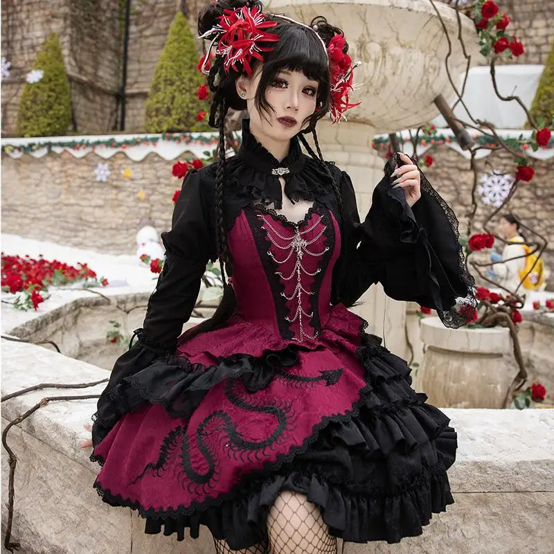 Original escuro gótico jsk mini vestidos sem mangas pescoço quadrado renda bordado em camadas cintura alta fofo lolita vestido curto feminino