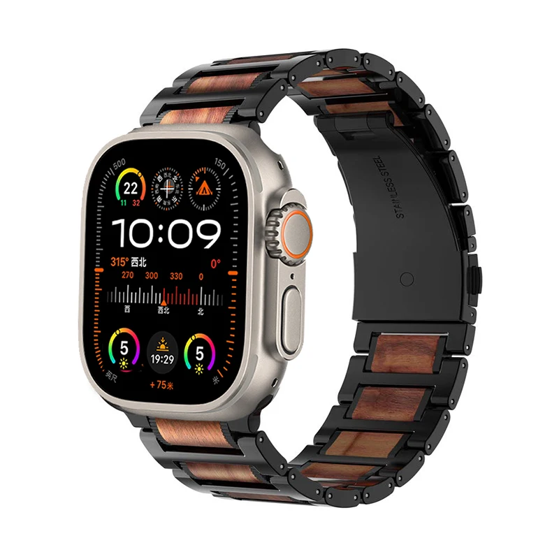 Wooden Red Sandalwood Strap for Apple Watch Ultra 2 9 8 7 45mm 44mm 42mm Stainless Steel Link Bracelet iWatch 6 SE 41mm 40 38mm