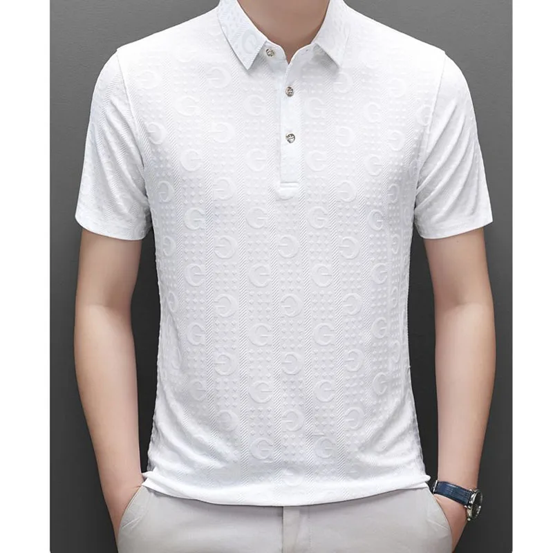 Business Casual Trend Solid Color Letter Polo-Neck T-shirt Summer Korean Button Spliced All-match Short Sleeve Tops Male Clothe