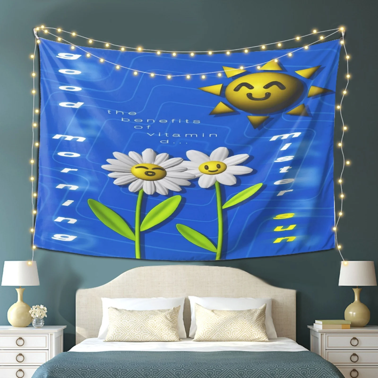1pc Y2K Good Morning Mister Sun Vitamin Daisy Sun Wall Tapestry Aesthetic Retro Style Blue Hanging Art Decor for Bedroom Living