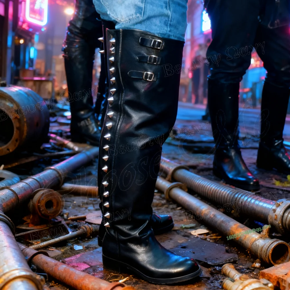 

Black Over the Knee Knight's Boots Pleated Men's Shoes Long Solid Round Toe Knee High Shoes for Men 2024 Zapatos Para Hombres