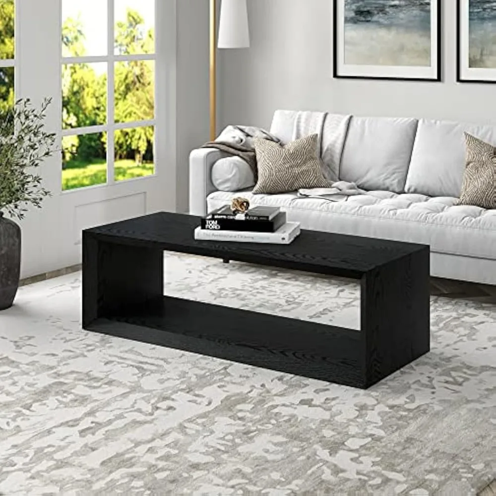 58" Wide Rectangular Coffee Table in Black Grain, for Home, Living Room, Bedroom