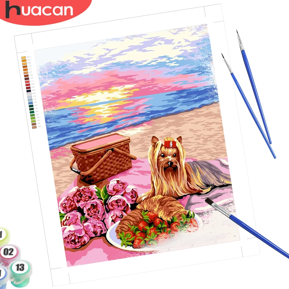 

HUACAN Oil Paint By Number Dog Animal HandPainted Kits Rose Flower Drawing On Canvas Seaside Landscape Christmas Gifts Wall Set