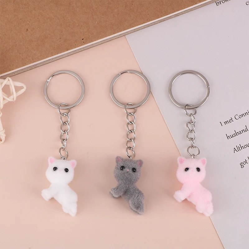 Cartoon 3D Flocking Lying Cat Keychain Cute Lying Down Kitten Animal Keyring Pendant DIY Backpack Charms Car Bag Decor Toy Gifts