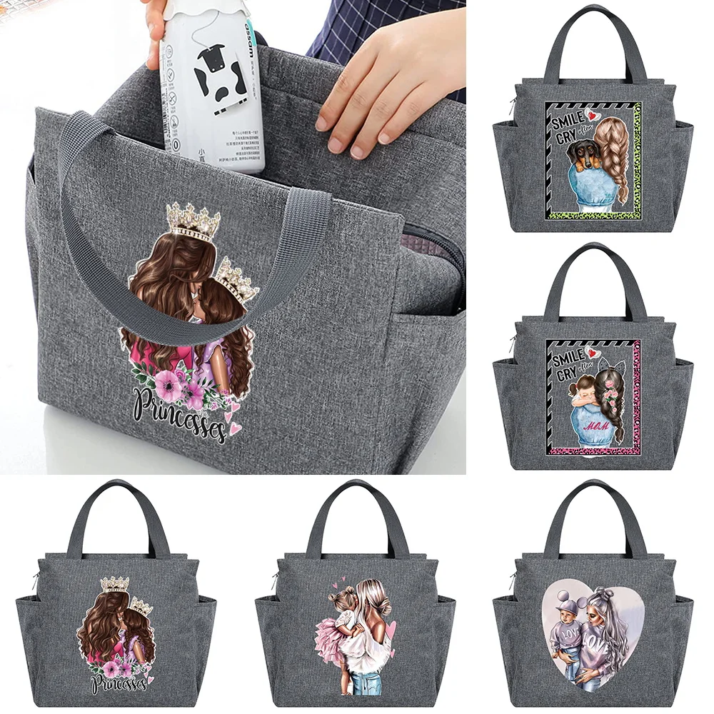 Everyday Canvas Insulated Lunch Tote Bag Mom Pattern Storage Bag Multi Pocket Handheld Food Bag for Commuter