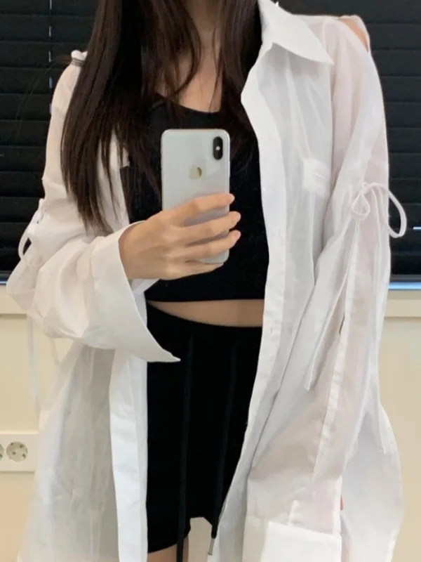 여성용 루즈핏 셔츠 민소매 홀로우 아웃 타이 넥 폴로 칼라 미디 길이 코튼 체크무늬 여름 패션 출퇴근 스타일