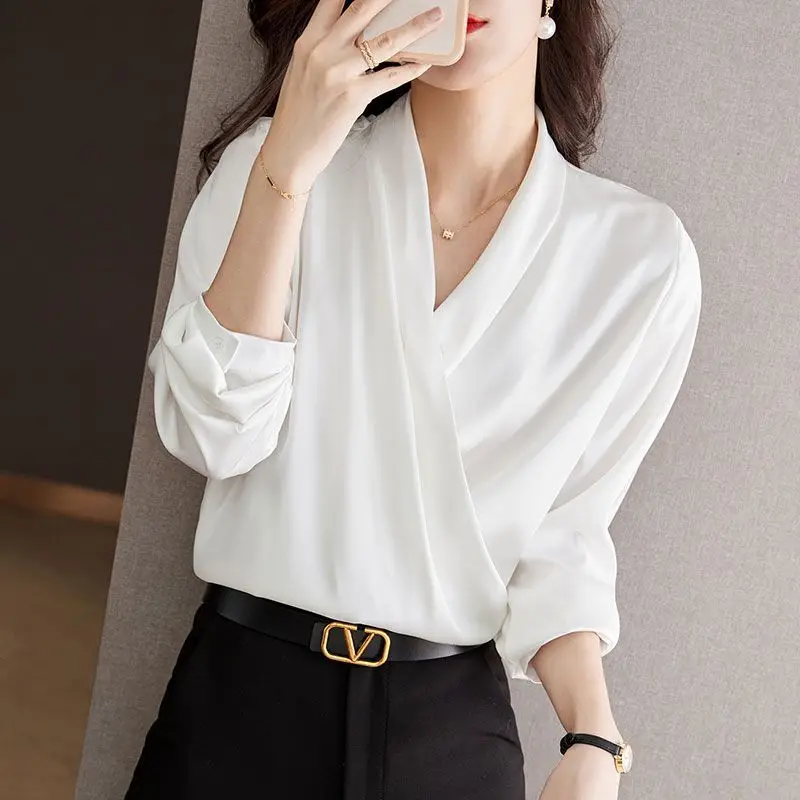 Women High Quality Satin Elegant White Blouse Spring Autumn Fashion Simple Commuter Shirts V Neck Long Sleeve Loose Tops Blusas