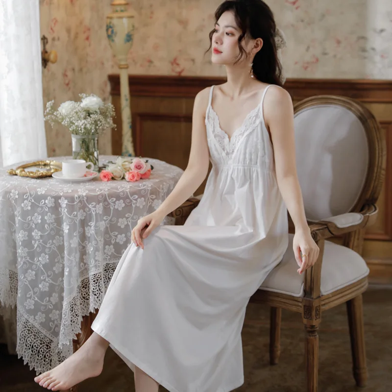 Sleeveless Cotton Long Night Dress Women Summer Fairy Lace Peignoir Sexy Nighty Victorian Vintage Nightgowns Princess Sleepwear