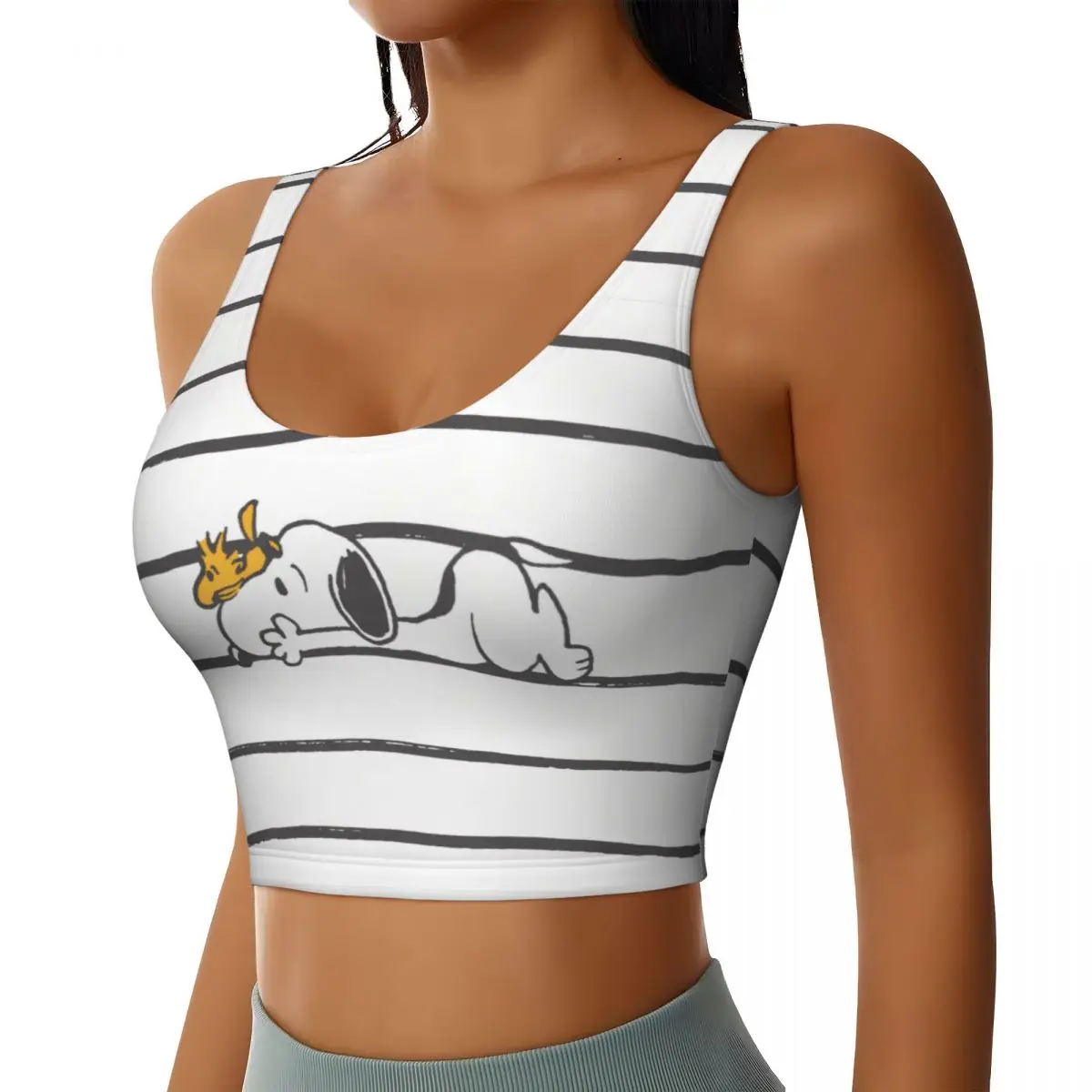 Niestandardowe damskie biustonosze sportowe Snoopy & Woodstock Smile Giggle Laugh Cartoon Comic Dog High Impact Gym Workout Running Crop Tank Tops