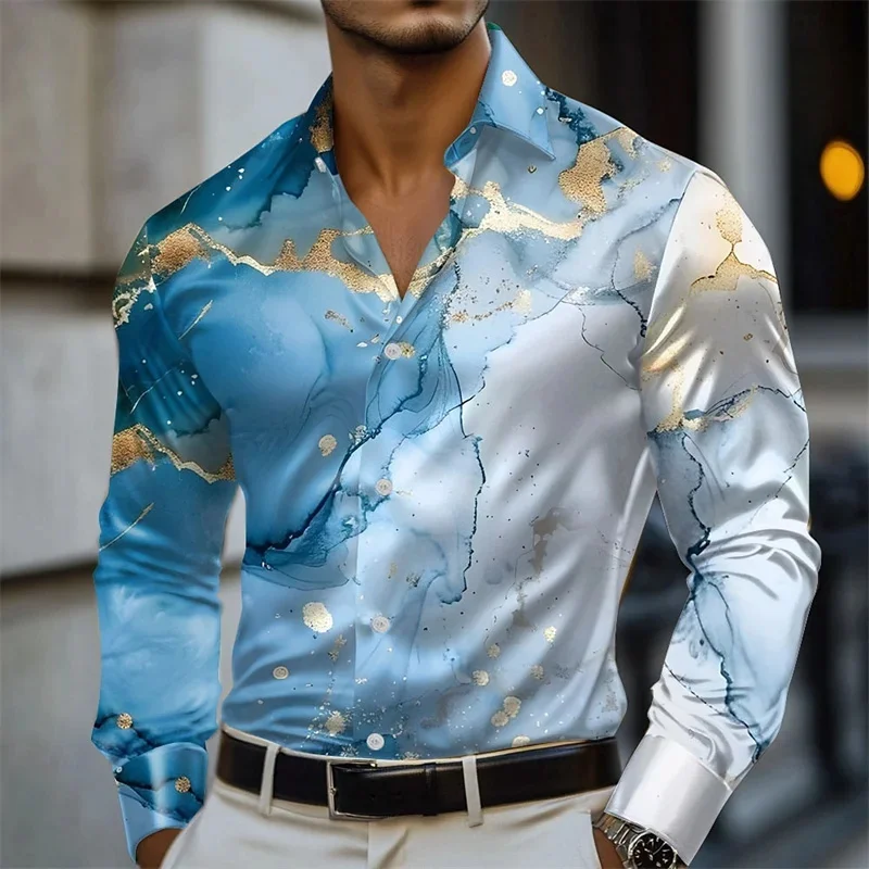 2025 Mens Geometric Marble Abstract Art Shirt Formal Shirt Long Sleeve Fashion Casual Vacation Lapel 3D Printed Button Shirt