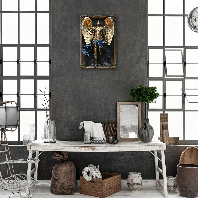 Boho Style Aluminum Archangel Michael Wall Hanging Sign, Religious Theme, Square Decor for Home