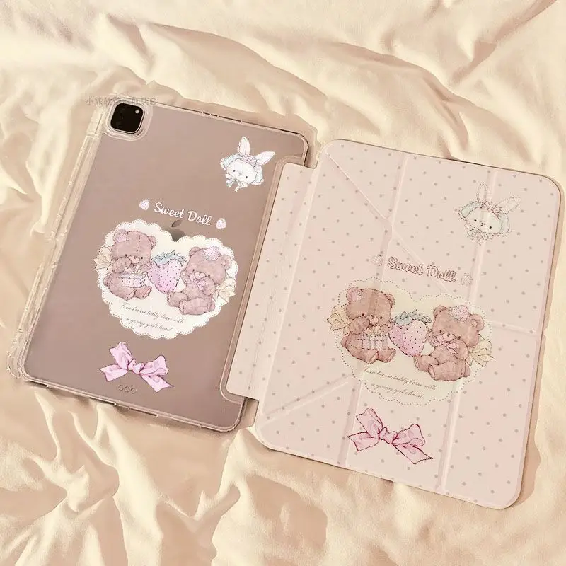 Kawaii Strawberry Bear Cartoon iPad Case For iPad Pro 12.9in Air7 10th 11th iPad Pro 11 13in 2025 M4/5 Anti-fall Protected Cover
