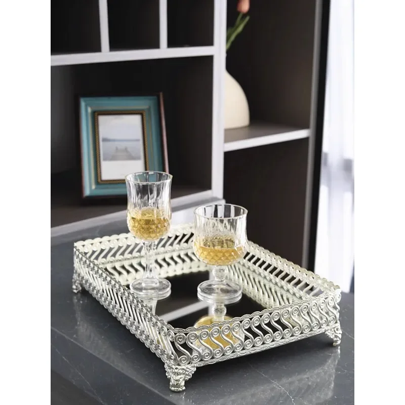 European mirror tray wine glass coffee table romantic ornament rectangular, pastry plate wedding dessert table gold-plated silve