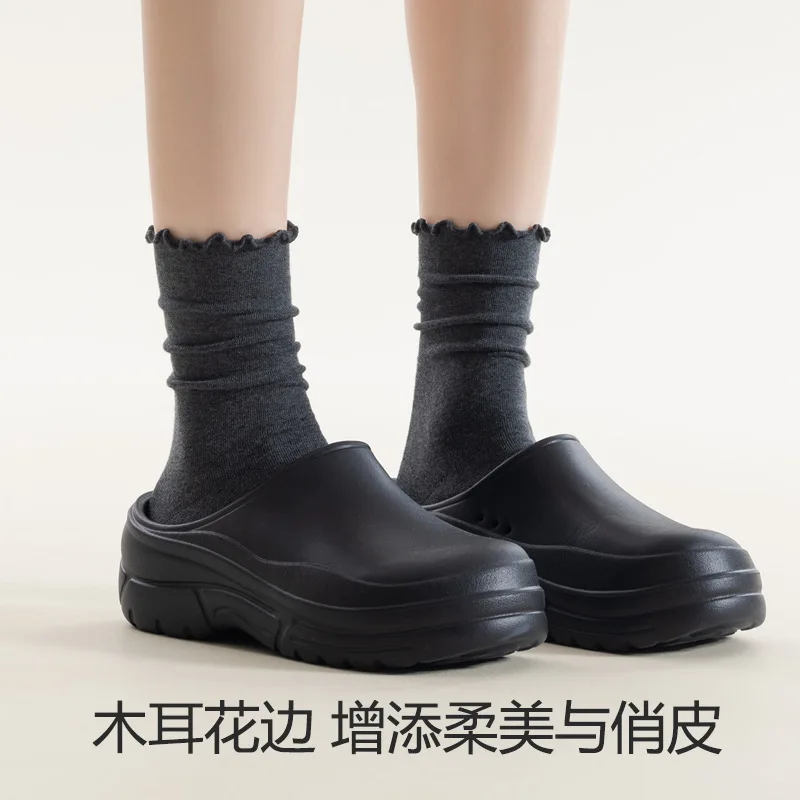 رمادي ترهل الجوارب مرونة لطيف كشكش حافة تنفس منتصف العجل جوارب قطنية الخريف الشتاء بسيطة سهلة مطابقة الجوارب النسائية #2