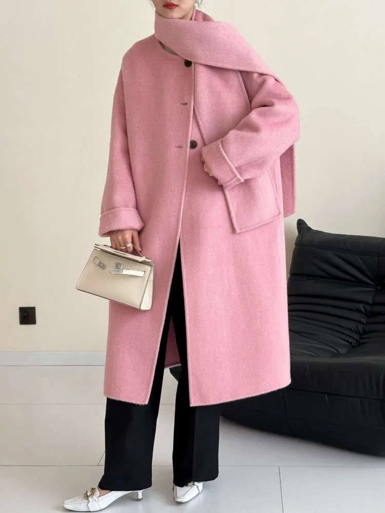 ZMEENNA Damen-Mantel, elegant, elfenbeinweiß, Wollmischung, langer Mantel mit Schalkragen, warme Winter-Oberbekleidung, stilvoll, locker, lässig, ZM3484