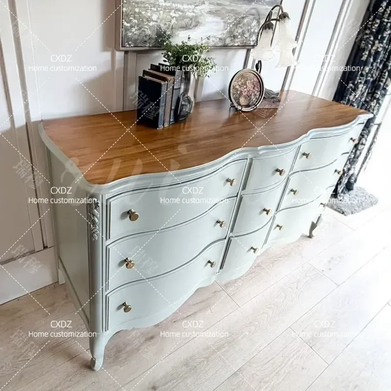 French Retro Blue Solid Wood Nine Drawer Chest Classic Color Matching Storage Cabinet for Small Apartment Living Room Bedroom