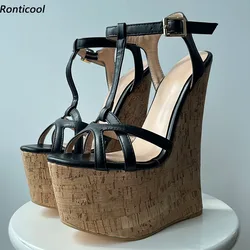 Ronticool Handmade Women T-strap Sandals Ultra High Wedges Heels Round Toe Classics Black Dress Shoes Ladies US Plus Size 5-15