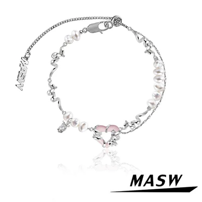 MASW Original Design Sweet Brass Metallic Crystal Pink Heart Charm Bracelet For Women Girl Gift Fashion Jewelry Accessories