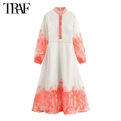 TRAF Print Shirt Long Dresses for Women See Through Midi Dress Woman Organza Summer Dress Woman 2024 Long Sleeve Womens Dresses