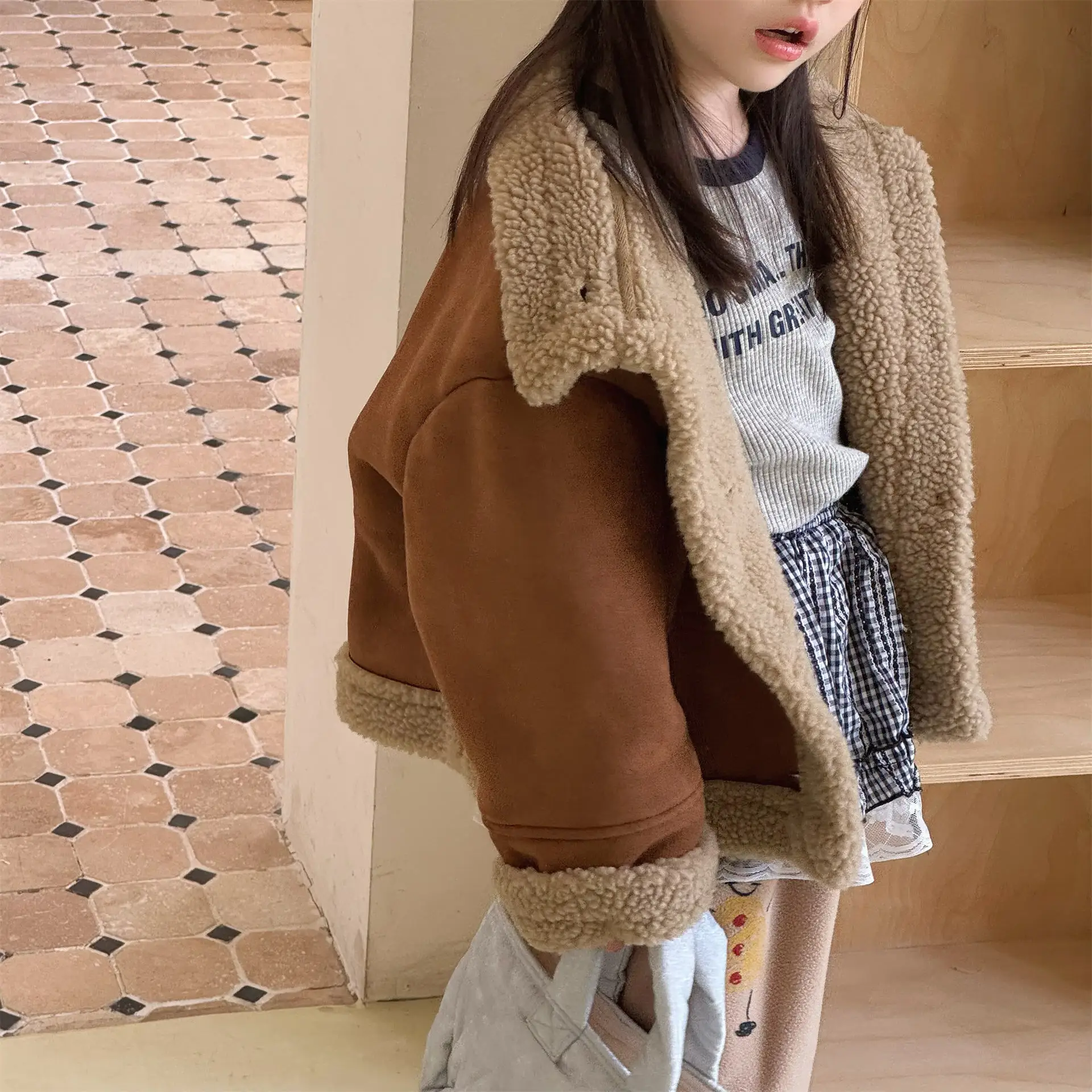 2025 Winter New Children Lamb Fleece Coat Boys Girls Cotton Padded Jacket Baby Long Sleeve Plus Velvet Thick Coat Kids Clothes