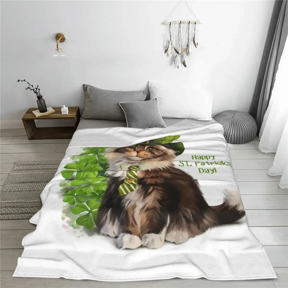 Cat Leprechaun Lucky Green Shamrock Blankets Fleece Irish St Patrick's Day Warm Throw Blankets for Bedding Couch Bedspreads