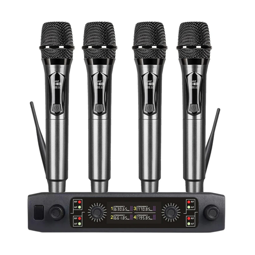 ميكروفون لاسلكي جيد UHF تردد ثابت 4 قنوات ميكروفون محمول للحفلات كاريوكي اجتماع عرض الكنيسة المهنية
