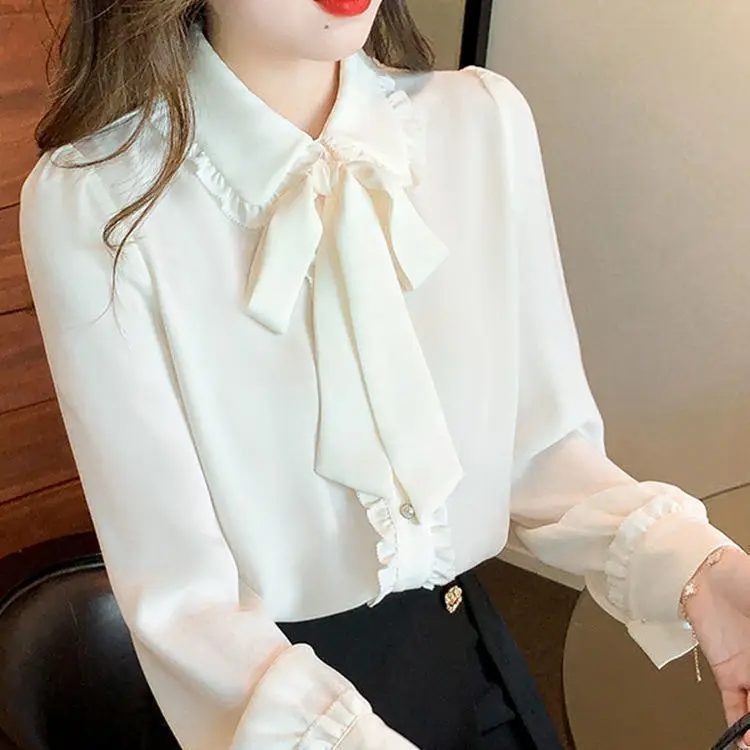 

White Bow Shirt Women's Long Sleeve Spring Autumn New Lace Up Chiffon Blouse Top Blusas