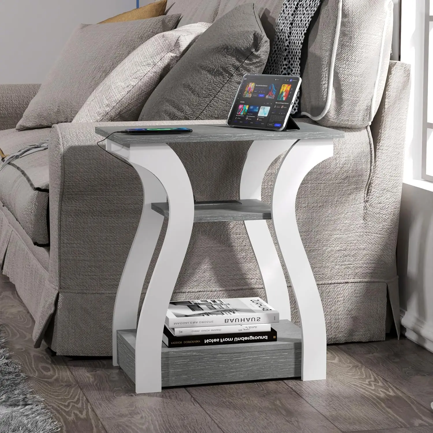 Living Room Set of 2, End Table with Charging Station, Grey End Table with USB,Grey Side Table, Nightstand for Bedroom, 3 Tier E