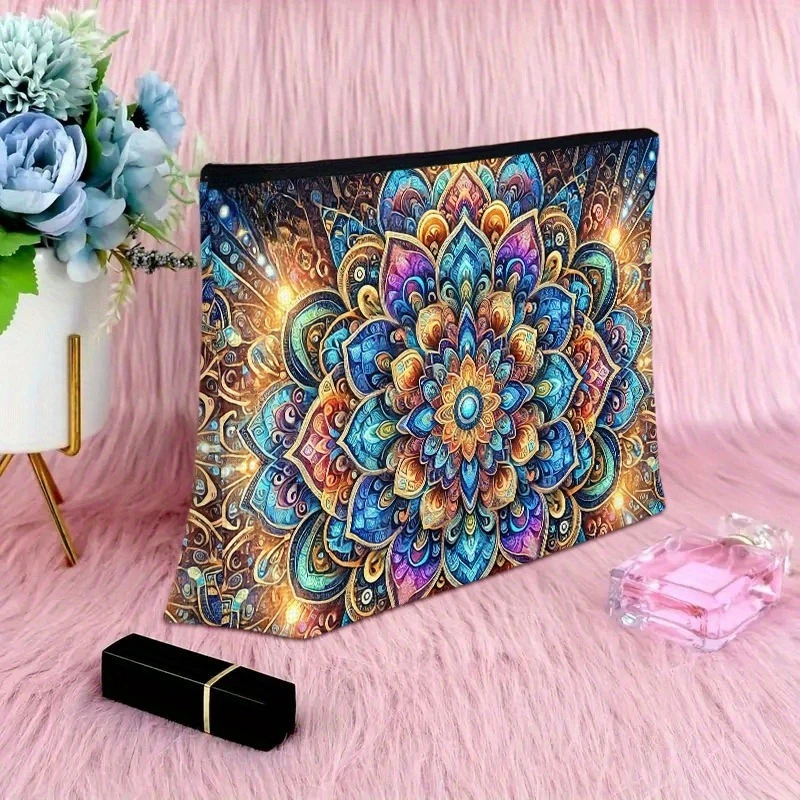حقيبة مكياج كبيرة من سديم ماندالا، تصميم زهور كونية نابضة بالحياة، منظم أدوات الزينة للسفر للنساء، حقيبة مستحضرات التجميل بسحاب #4