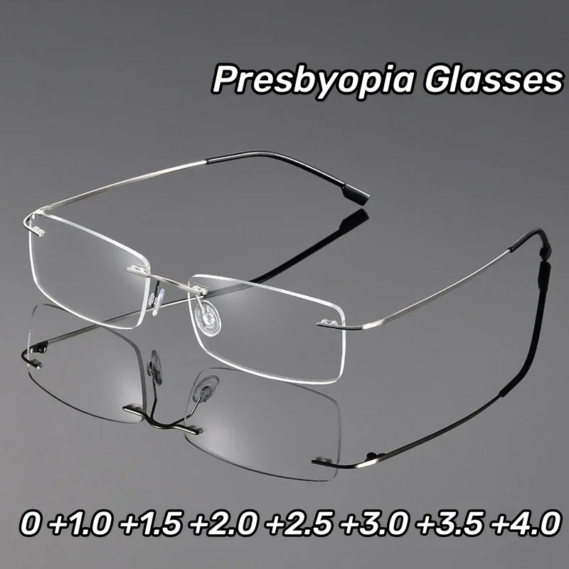 Biznesowe bezramowe okulary dla mężczyzn i kobiet dla starców Ultralekkie okulary do czytania TR90 z pamięcią tytanu bez oprawek Dioptrii od 0 do +4,0