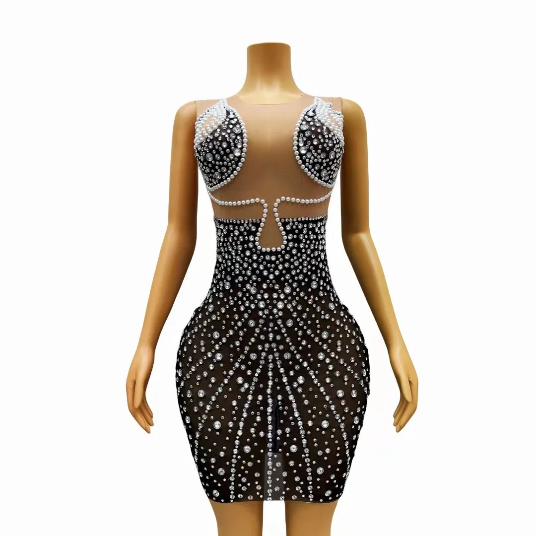 

Sexy Mesh Sequin Rhinestone Bodvcon MiniDress Luxury See Through Night Club WeddingEvening Gowns For Women Party Prom C220