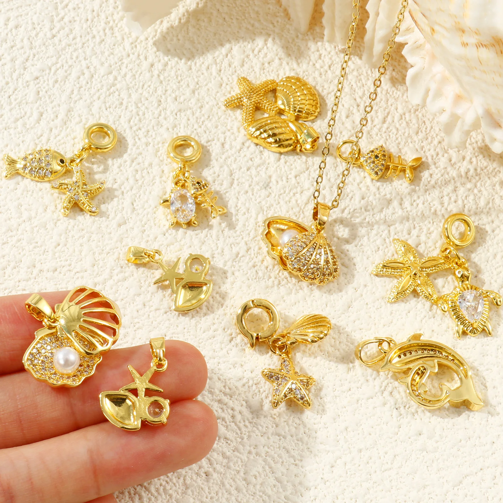 2 Pcs Ocean Charms Clear Cubic Zirconia Shell Dolphin Turtle Fish bone Brass 18K Gold Plated Pendants For DIY Necklace Jewelry