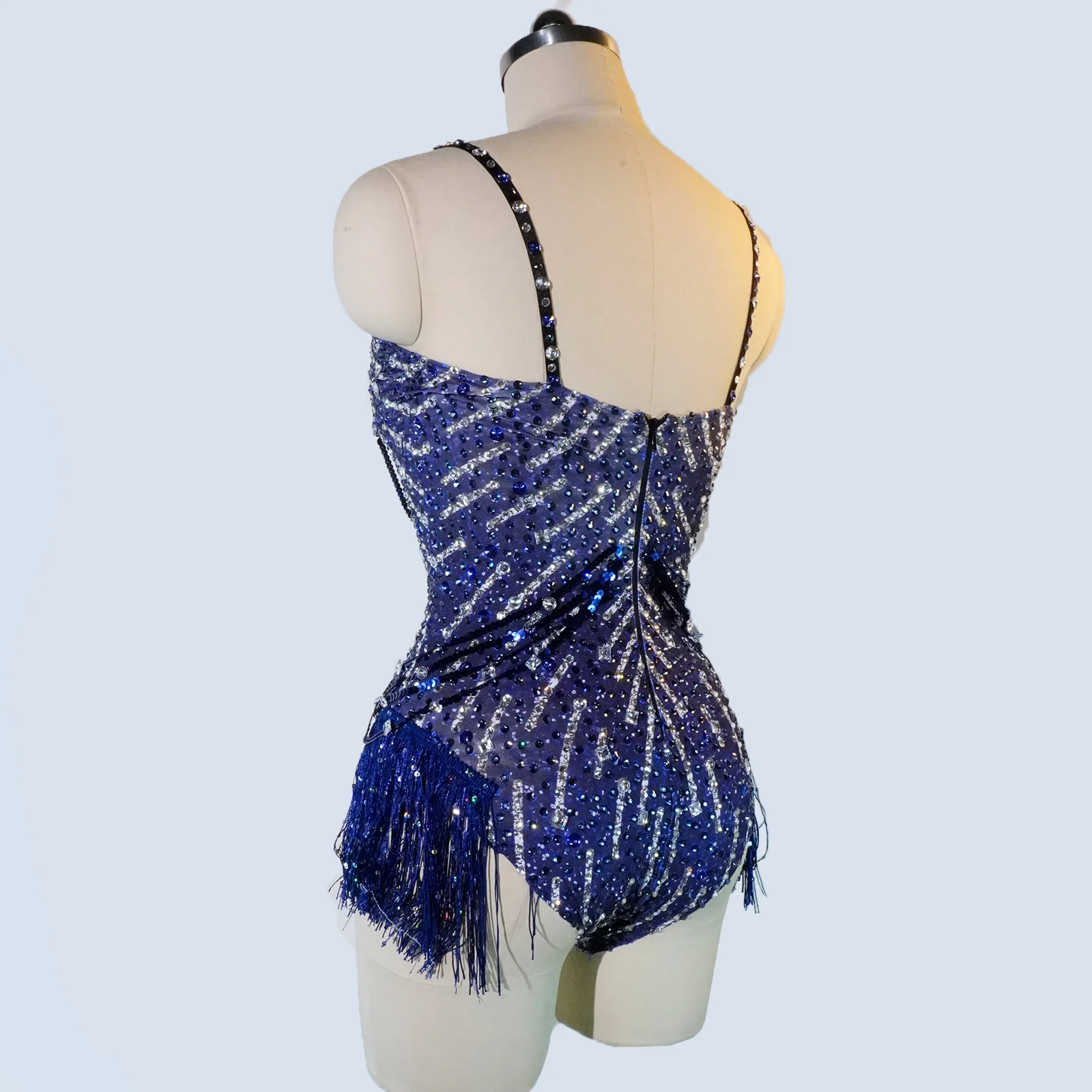 Shiny Blue Rhinestones Fringes Sexy Slip Bodysuit Women Birthday Party DS Stage Singer Performance Outfits Team Dance Costumes